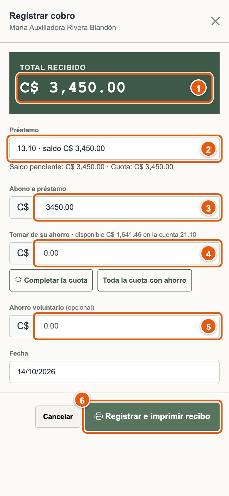 Ventana para registrar un cobro