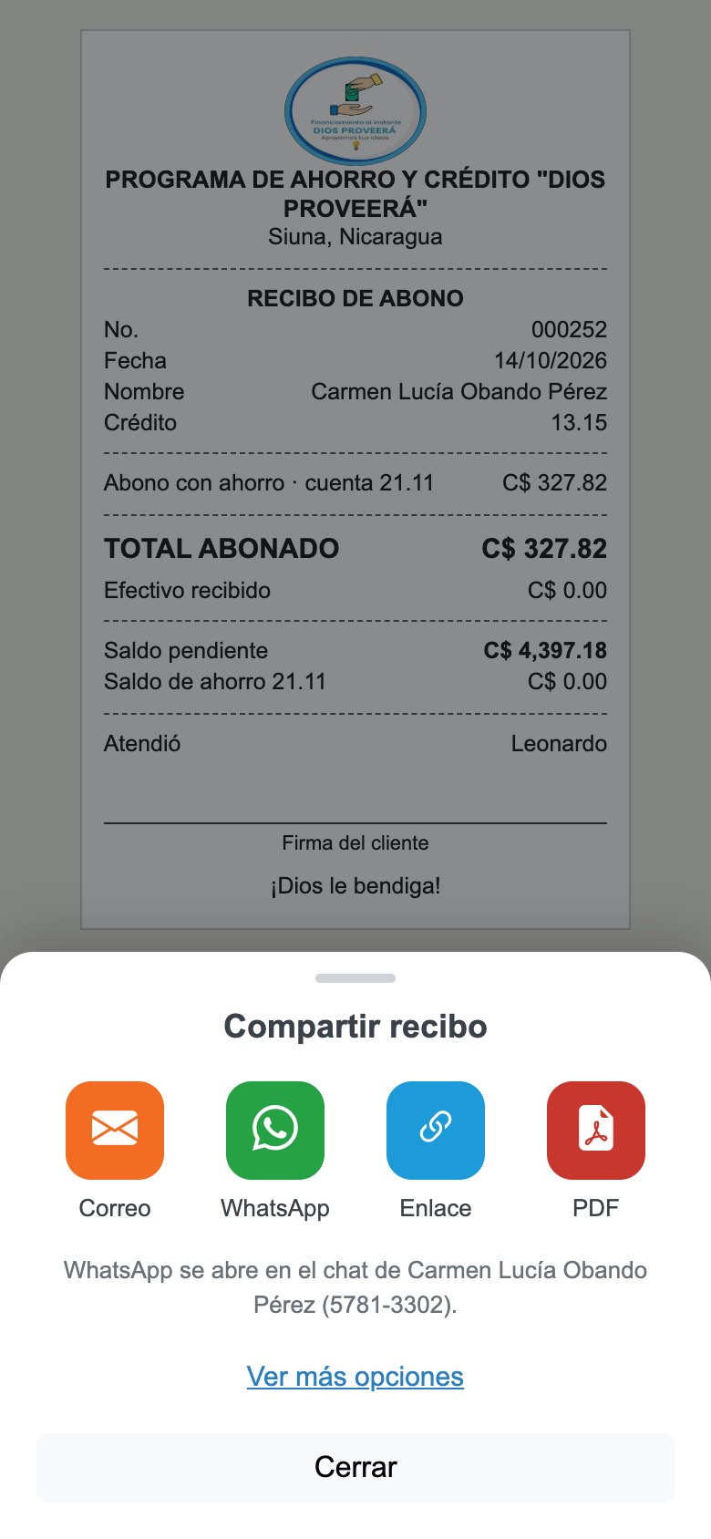 Panel para compartir el recibo